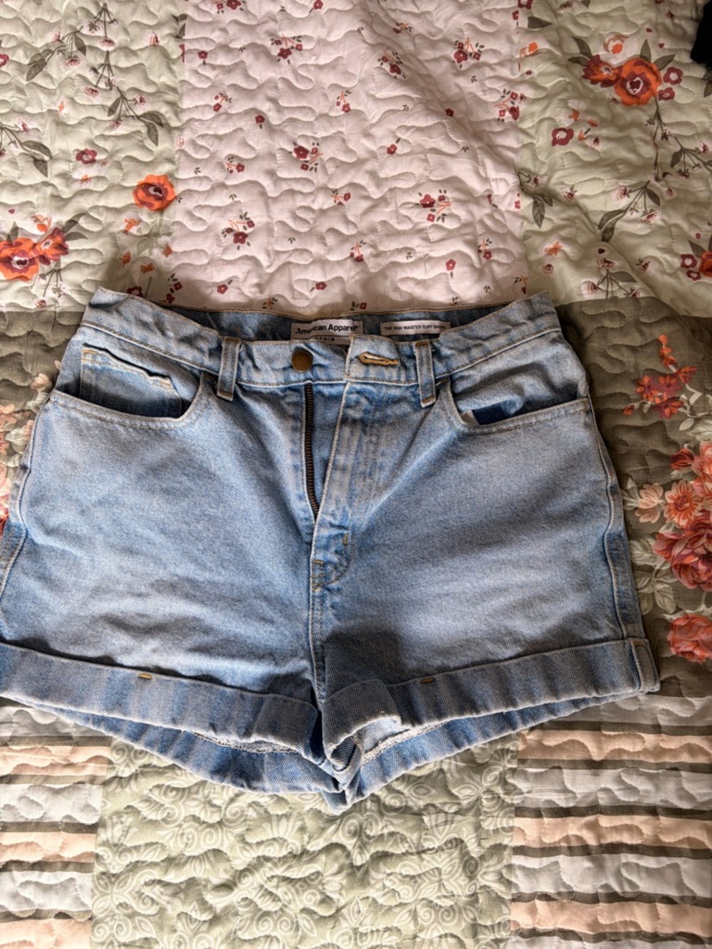 American Apparel Light Blue High-Rise Cuffed Denim Shorts